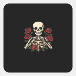 Skelet Hart Handen Met Rode Rozen – Romantisch Got Vierkante Sticker