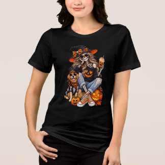 Skelet Heks Meisje met Hond Halloween Tri-Blend Shirt