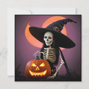 Skelet Heks met Pompoen Halloween Feest Kaart