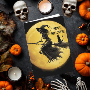 Skelet Heksenkat Maan Griezelen Horror Halloween Kaart