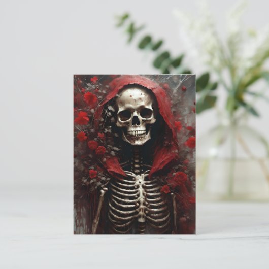 Skelet in een Rode Kaap met Bloemen Briefkaart (Staand voorkant)