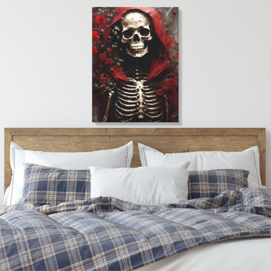 Skelet in een Rode Kaap met Bloemen Canvas Afdruk (Insitu (Slaapkamer))