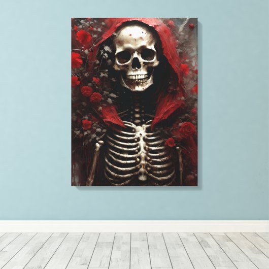 Skelet in een Rode Kaap met Bloemen Canvas Afdruk (Insitu (Houten vloer))