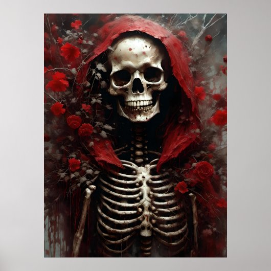 Skelet in een Rode Kaap met Bloemen Poster (Voorkant)