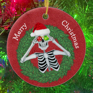 Skelet in Pine Christmas Wreath Red Pet Funny Keramisch Ornament