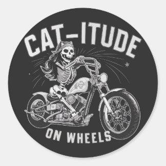 Skelet Kat Rijden Een Motorfiets - Cat-itude Ronde Sticker