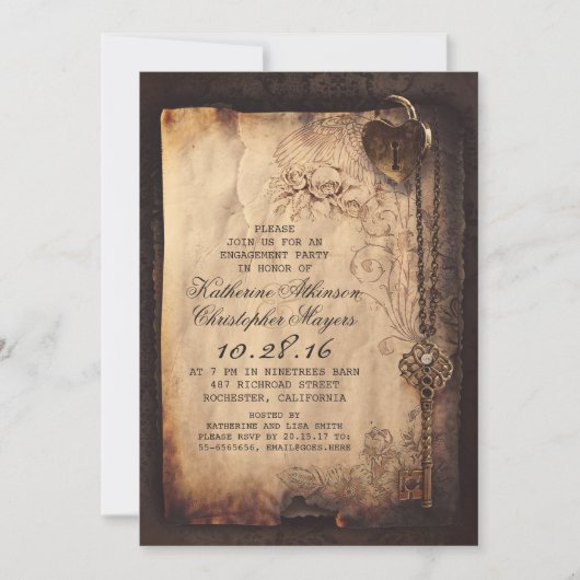Skelet Key Heart Lock Verlovingsfeest Uitnodigen Kaart (Voorkant)