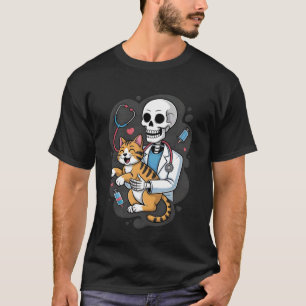 Skelet Knuffelende Kat Grappige Dierenarts Kat Lie T-shirt