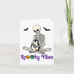 Skelet Knuffelende Pinguïn Schattige Griezelsfeer Kaart