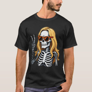 Skelet met blond haar geeft vredesteken t-shirt