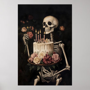 Skelet met cake en bloemenprint, Gelukkig Poster