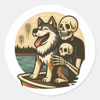 Skelet met hond op een heksenmeer Horror Kunst Ronde Sticker
