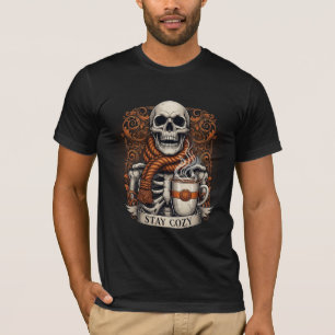 Skelet met koffiemok blijf knus t-shirt