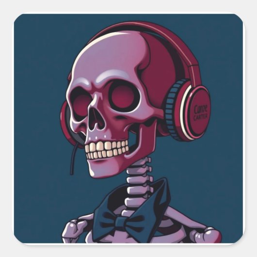 Skelet met koptelefoon vierkante sticker (Voorkant)