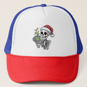 Skelet met Matcha-drank en kerstmuts Trucker Pet