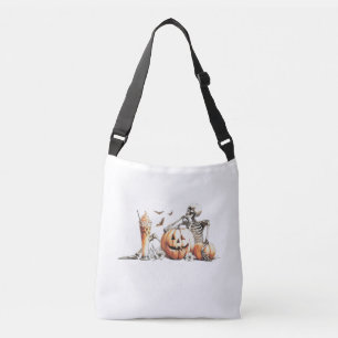 Skelet met pompoen en drink. Halloween. Crossbody Tas
