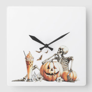 Skelet met pompoen en drink. Halloween. Vierkante Klok