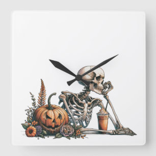 Skelet met pompoen en drink. Halloween Vierkante Klok