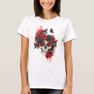 Skelet met rode zwarte Rozen en vlinders T-shirt