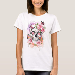 Skelet met roze rozen en vlinders t-shirt
