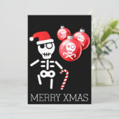 Skelet met snoepriet, kerstmuts feestdagenkaart (Staand voorkant)