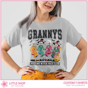 Skelet Oma's Rustende Heksengezicht Club Halloween T-shirt