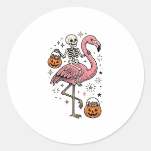 Skelet op Flamingo Halloween Snoep Shirt_1 Ronde Sticker