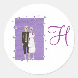 Skelet Paar Monogram Bruiloft Seals Ronde Sticker