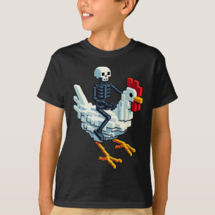 Skelet rijdende kip blok stijl pixel art gami t-shirt