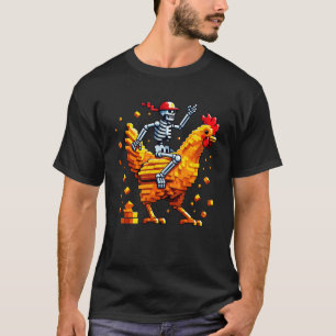 Skelet Rijdt Kip Blok Stijl Pixel Art Gami T-shirt