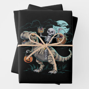 Skelet rijdt op dinosaurus T rex halloween pompoen Inpakpapier Vel