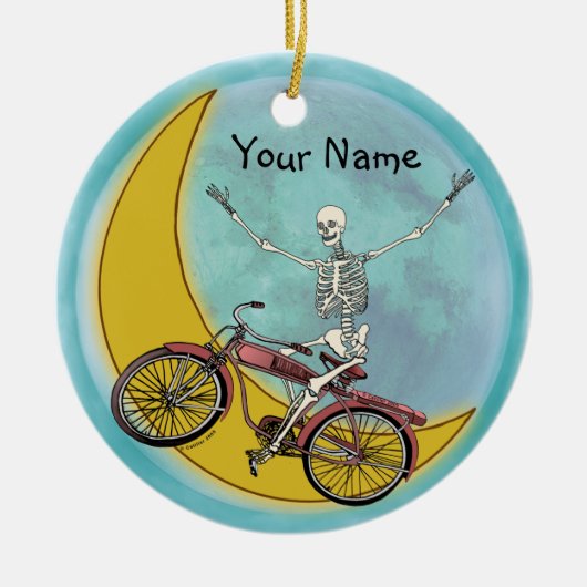 Skelet rijdt op fiets keramisch ornament (Voorkant)