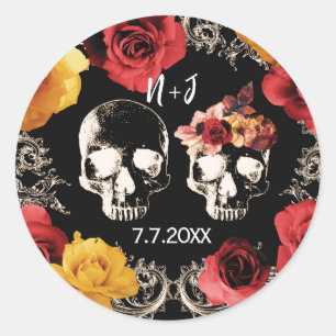 Skelet Schedel Rood Geel Herfst Bloemig Bruiloft Ronde Sticker