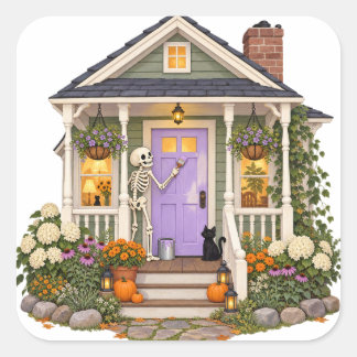 Skelet Schildert de Veranda Paars Halloween Sticke Vierkante Sticker