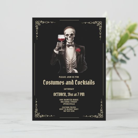 Skelet Volwassen Halloween Cocktail Party Uitnodig Feestdagenkaart (Staand voorkant)