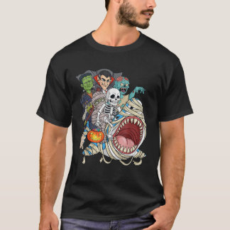 Skelet Zombie rijdend op Mummie Haai Vampier Hallo T-shirt