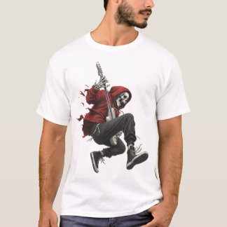 Skeletgitarist in rode hoodie rockt  t-shirt