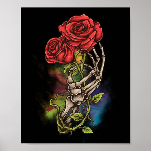 Skelethandje met Rozen ventilator tattoo Poster (Voorkant)