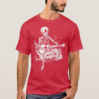 Skeletkop speelt akoestische rots op zijn gitaar  t-shirt