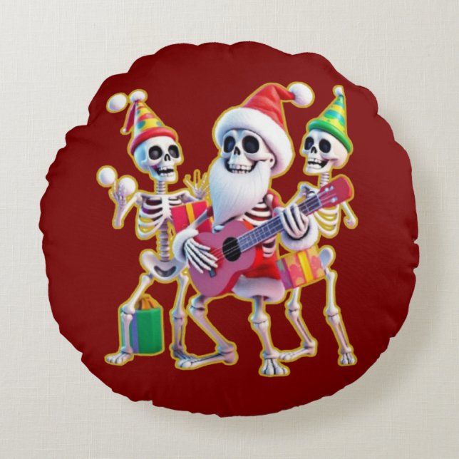 **Skeleton 3D Christm Santa Party – Funnyas Skelet Rond Kussen (Voorkant)