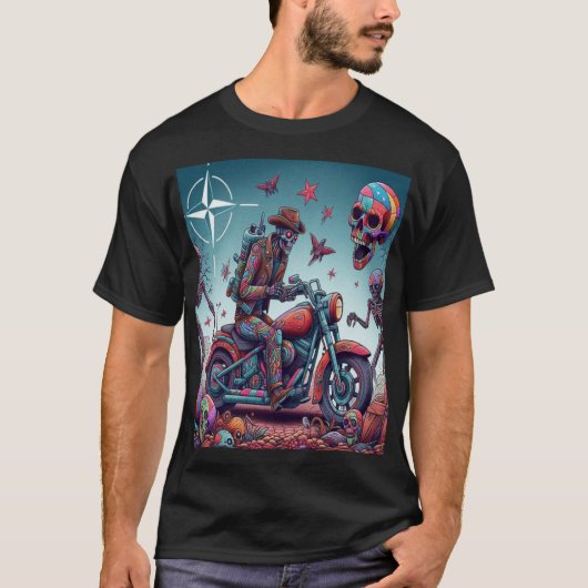 Skeleton Biker in Surreal Psychedelic World T-shirt (Voorkant)