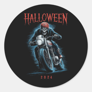 Skeleton Biker Op Motorfiets Halloween 2024 Spooky Ronde Sticker