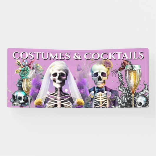Skeleton bruid bruidegom gothic paarse bruiloft co spandoek (Horizontaal)