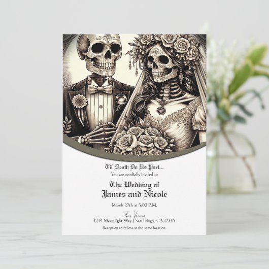 Skeleton bruid & bruidegom wit bruiloft kaart (Staand voorkant)