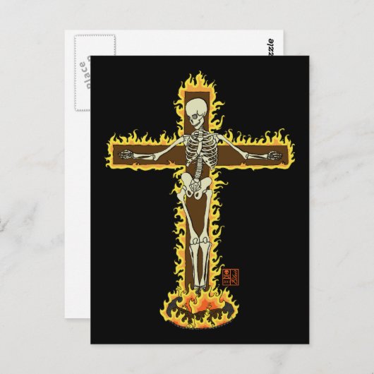 Skeleton Burning on Cross Gothic Halloween Tattoo Briefkaart (Voorkant / Achterkant)
