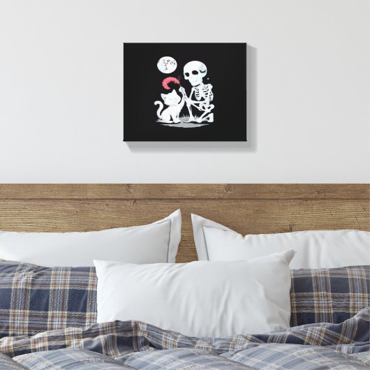 Skeleton Cat Halloween Funny Schattige Spooky Esse Canvas Afdruk (Insitu (Slaapkamer))
