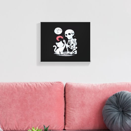 Skeleton Cat Halloween Funny Schattige Spooky Esse Canvas Afdruk (Insitu (Woonkamer))