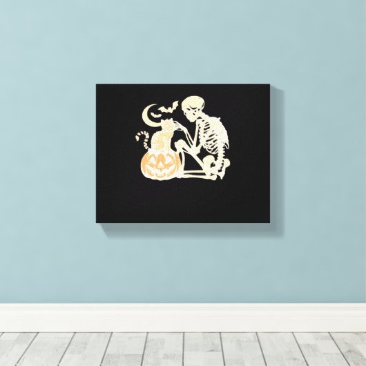 Skeleton Cat Skull kat Schattige Halloween Design  Canvas Afdruk (Insitu (Houten vloer))