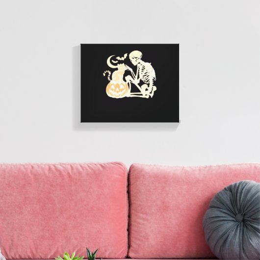 Skeleton Cat Skull kat Schattige Halloween Design  Canvas Afdruk (Insitu (Woonkamer))