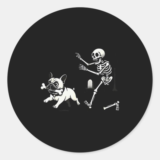 Skeleton Chasing French Bulldog Biting Leg Bone Ha Ronde Sticker (Voorkant)
